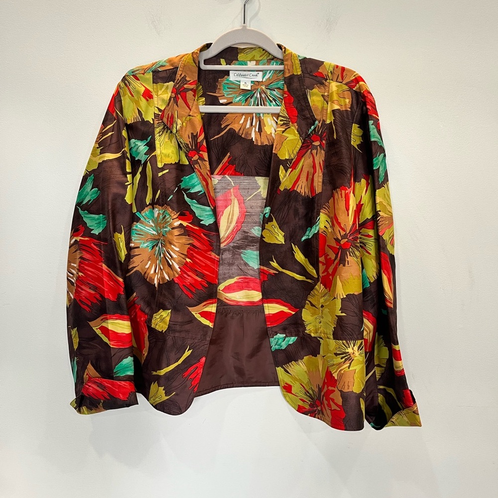 Coldwater Creek Open Front Jacket Women's Size XL 100% Silk Floral